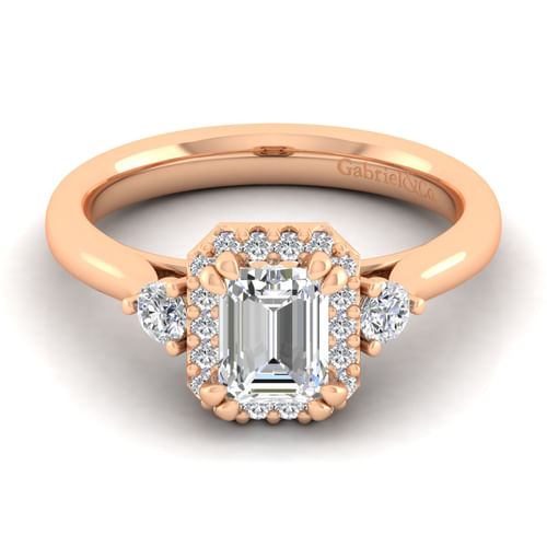 14K Rose Gold Three Stone Halo Emerald Cut Diamond Engagement Ring