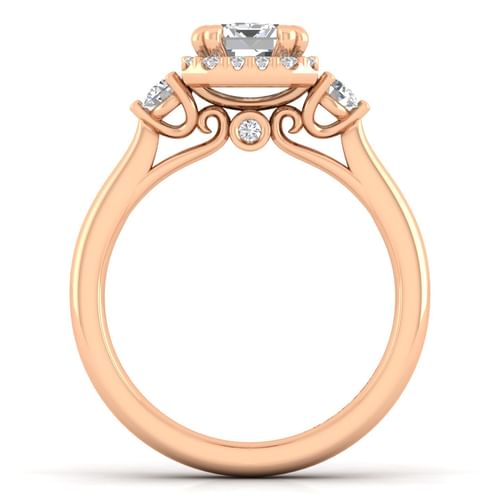 14K Rose Gold Three Stone Halo Emerald Cut Diamond Engagement Ring