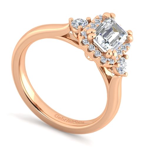 14K Rose Gold Three Stone Halo Emerald Cut Diamond Engagement Ring