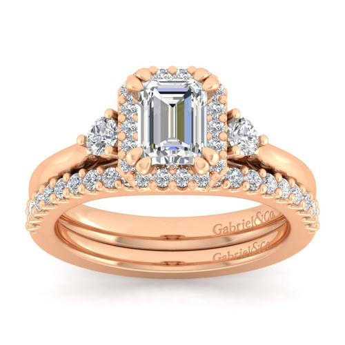 14K Rose Gold Three Stone Halo Emerald Cut Diamond Engagement Ring
