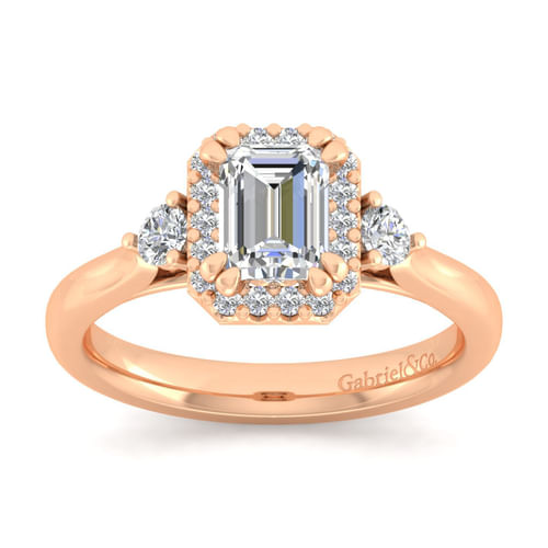 14K Rose Gold Three Stone Halo Emerald Cut Diamond Engagement Ring