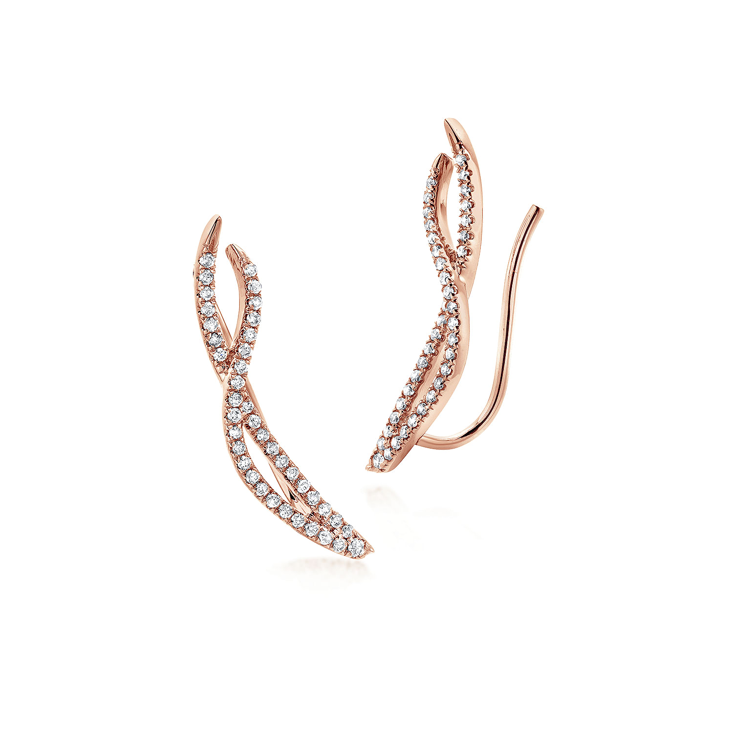 14K Rose Gold Twisted Diamond Ribbon Ear Climber Earrings