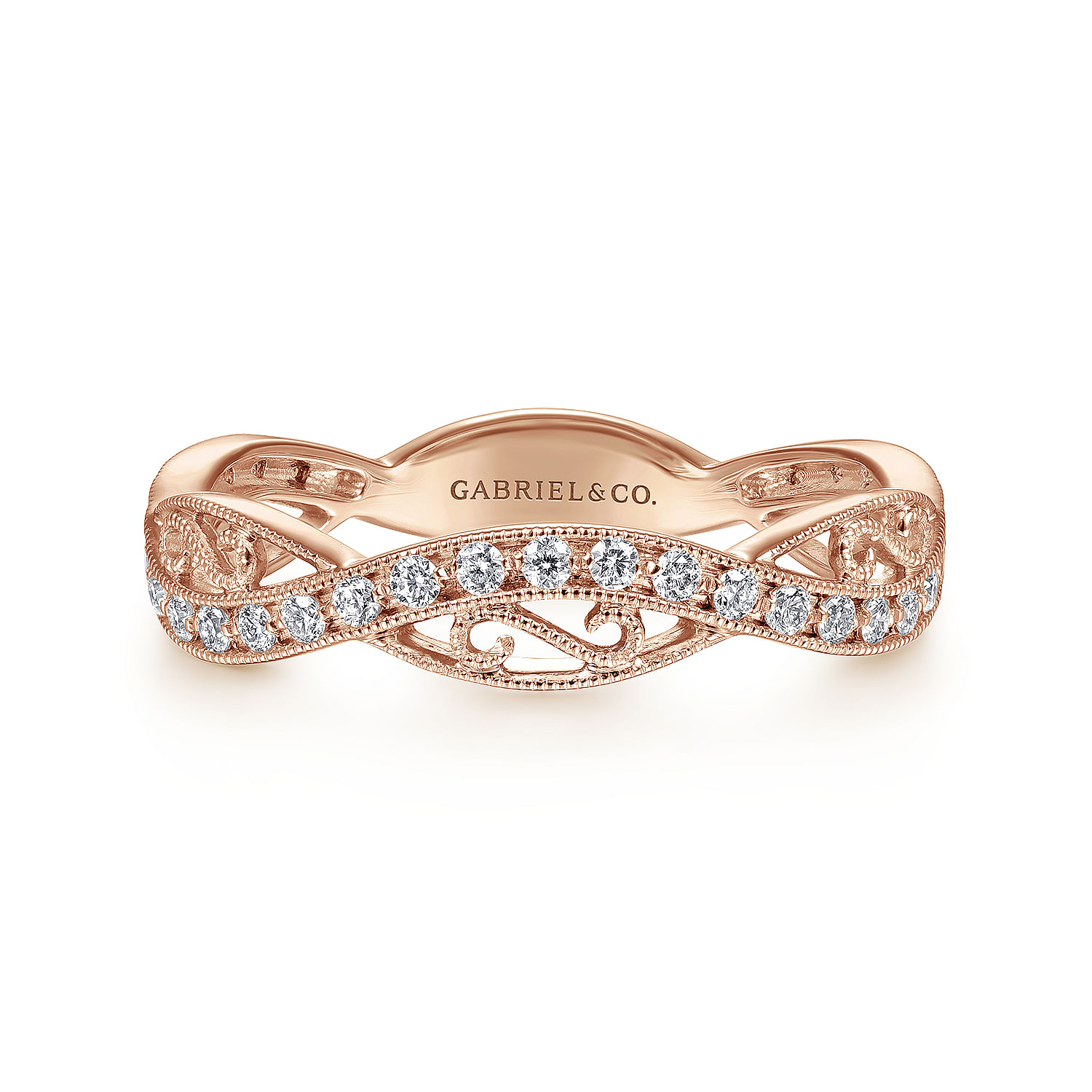 14K Rose Gold Twisted Diamond Ring with Scrollwork Accent