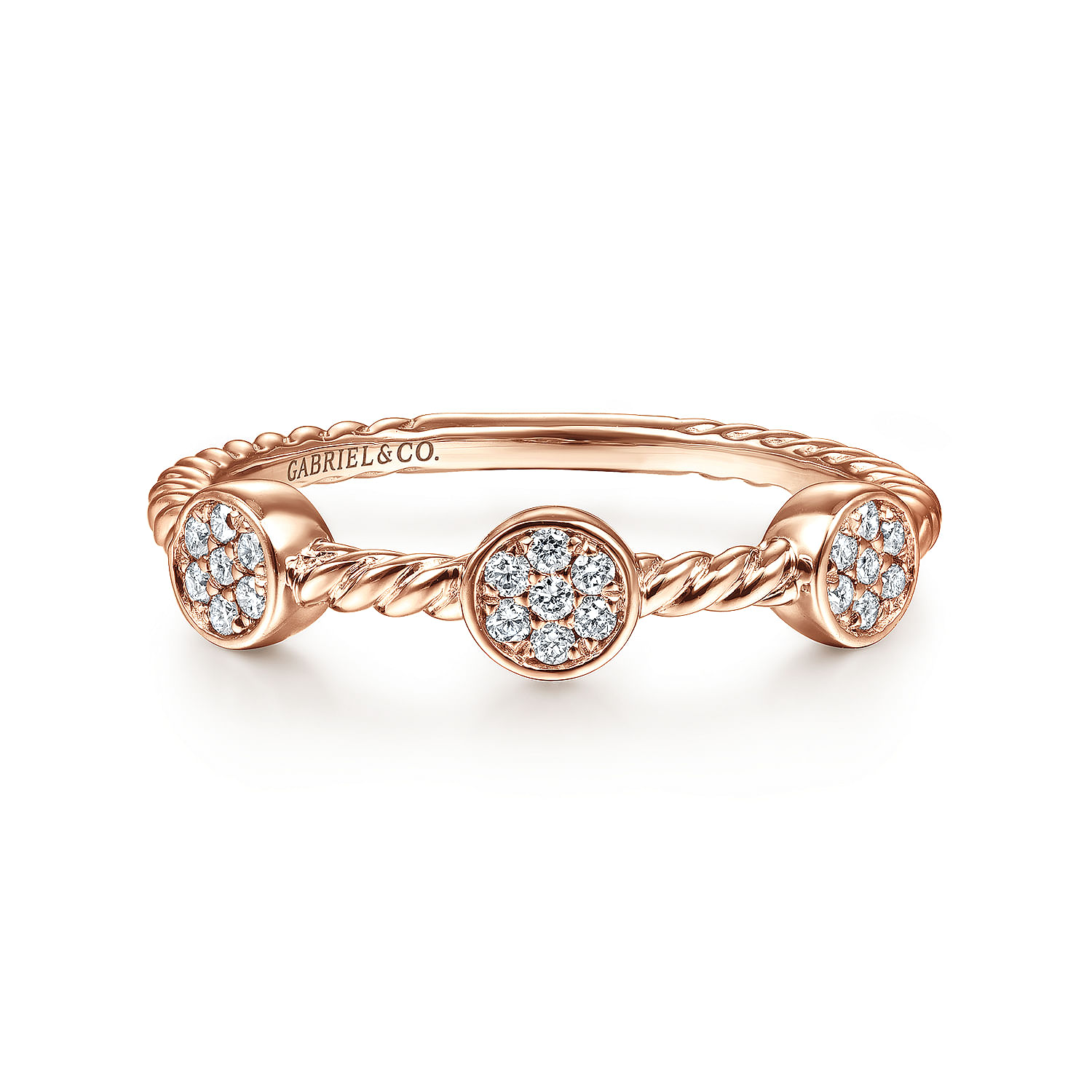 14K Rose Gold Twisted Rope Cluster Diamond Station Stackable Ring
