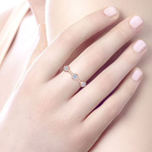 14K Rose Gold Twisted Rope Cluster Diamond Station Stackable Ring