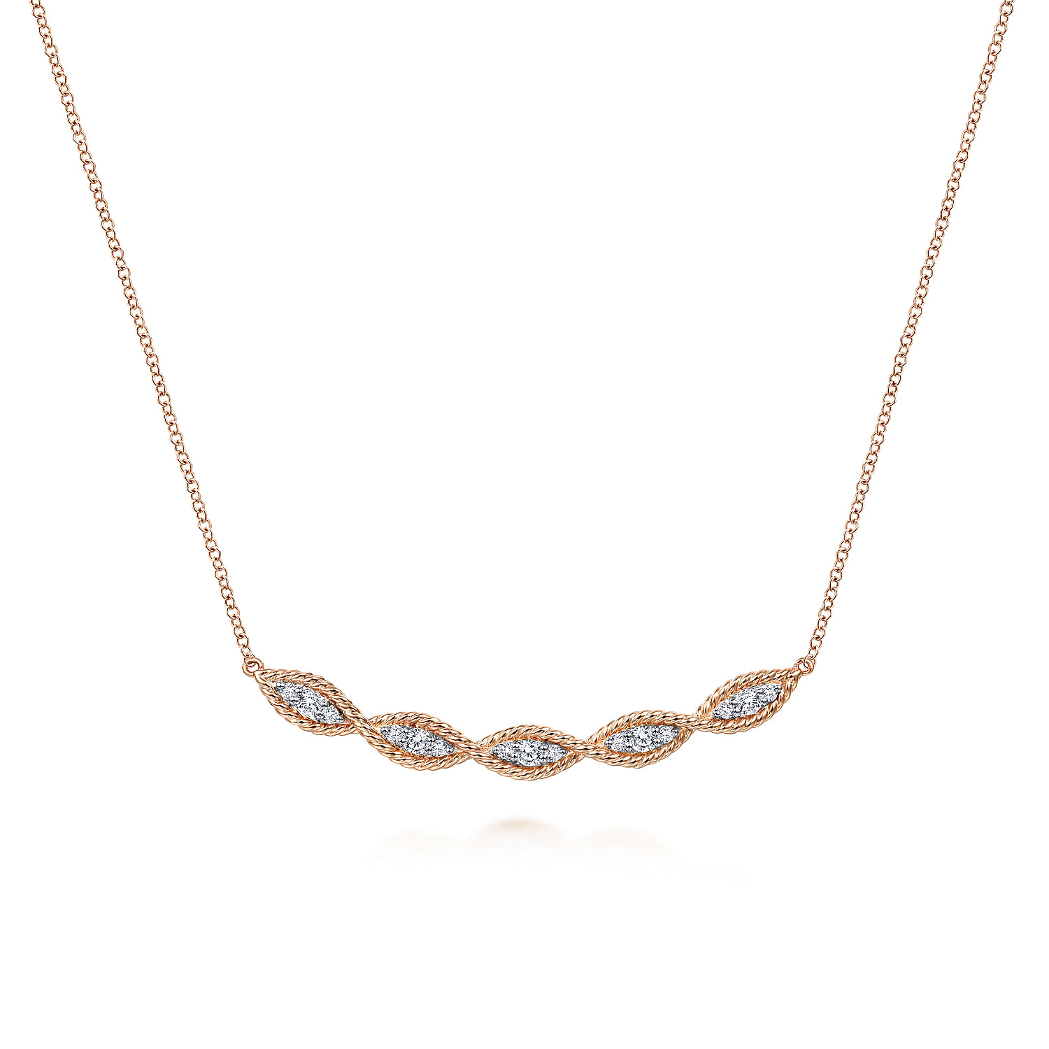 14K Rose Gold Twisted Rope Curved Diamond Bar Necklace
