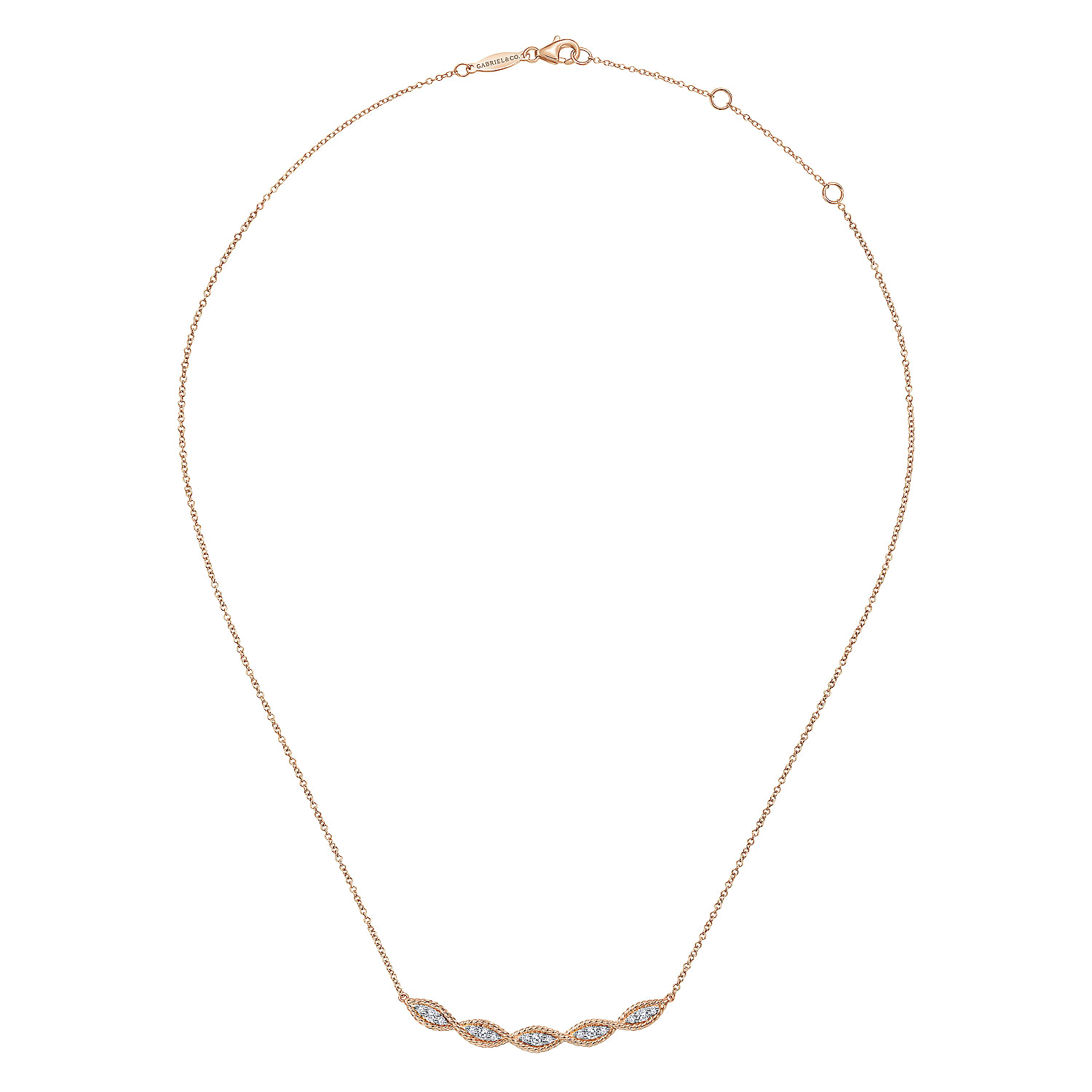 14K Rose Gold Twisted Rope Curved Diamond Bar Necklace
