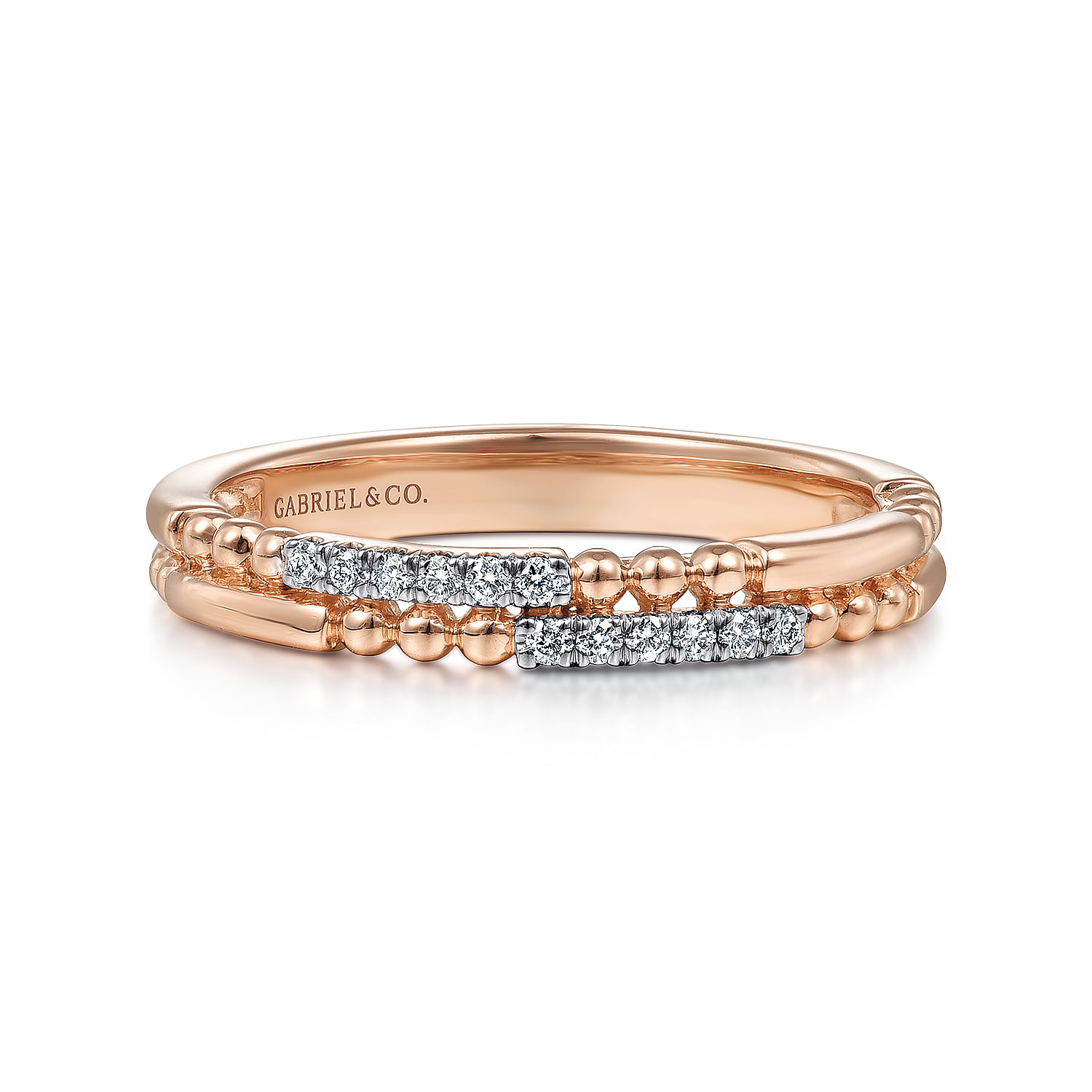 14K Rose Gold Two Row Beaded Diamond Stackable Ring