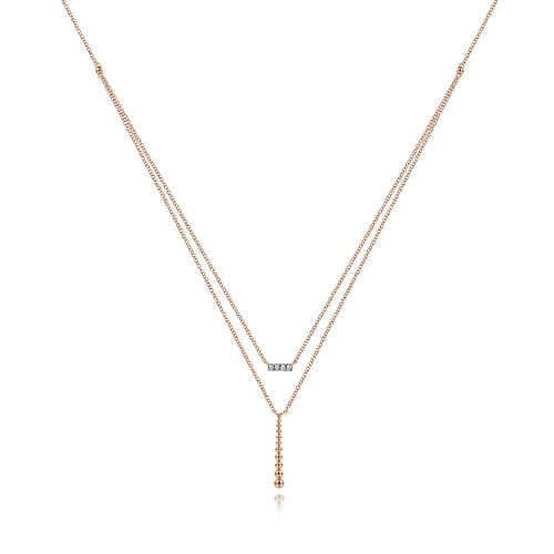 14K Rose Gold Two Strand Diamond Bar and Bujukan Beaded Pendant Necklace