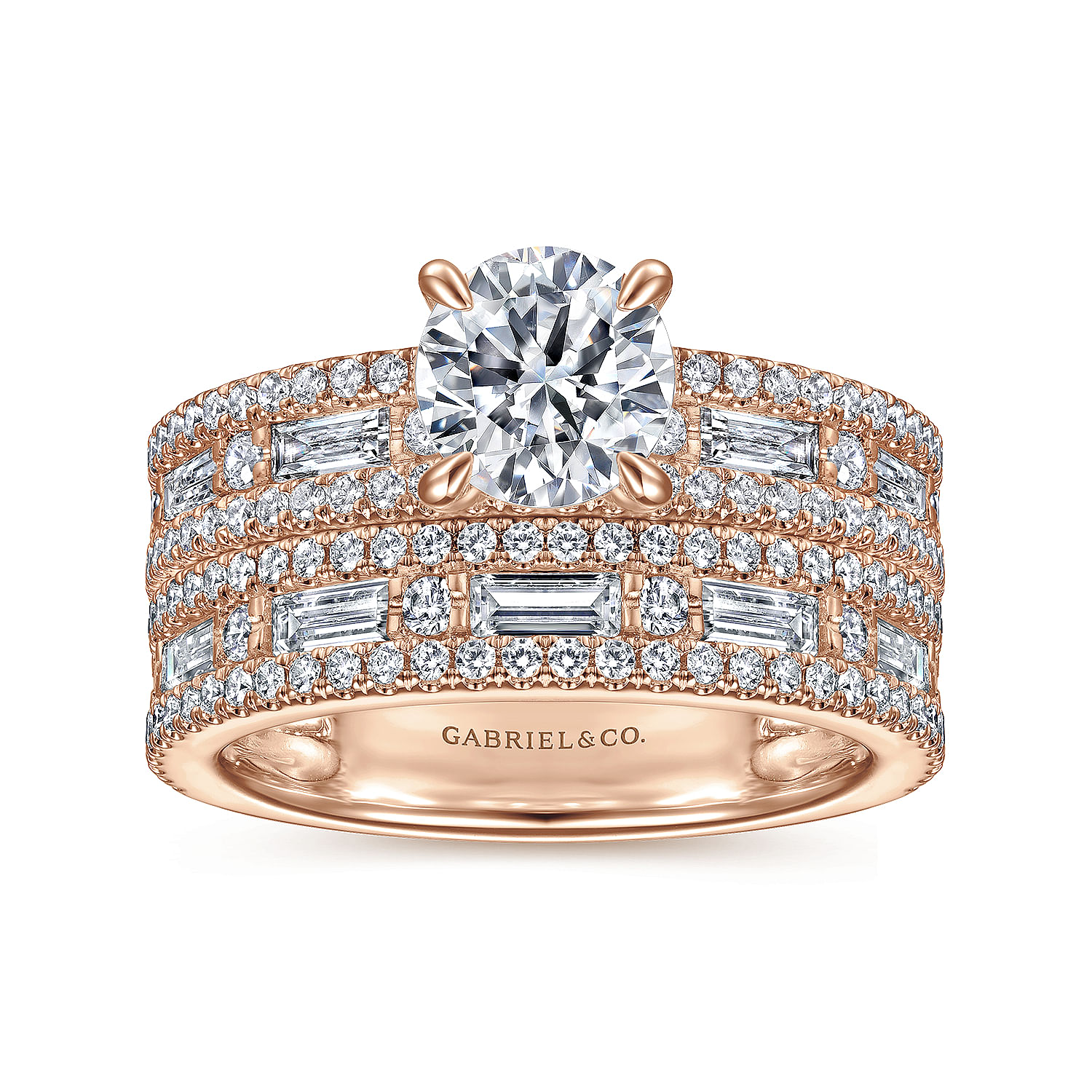 14K Rose Gold Wide Band Round Diamond Engagement Ring
