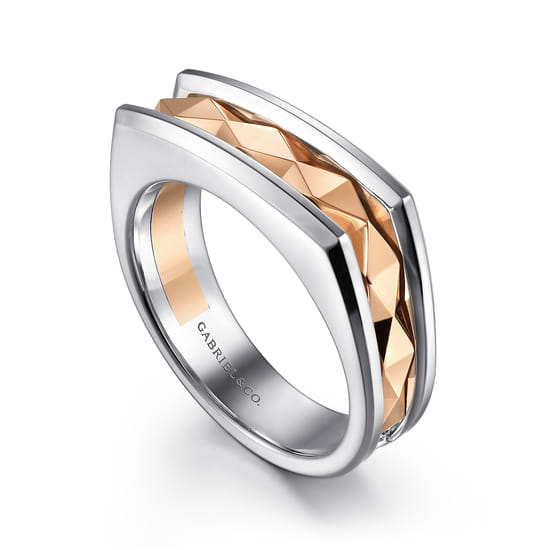 14K Rose-White Gold Faceted Ring in High Polished Finish angle 3