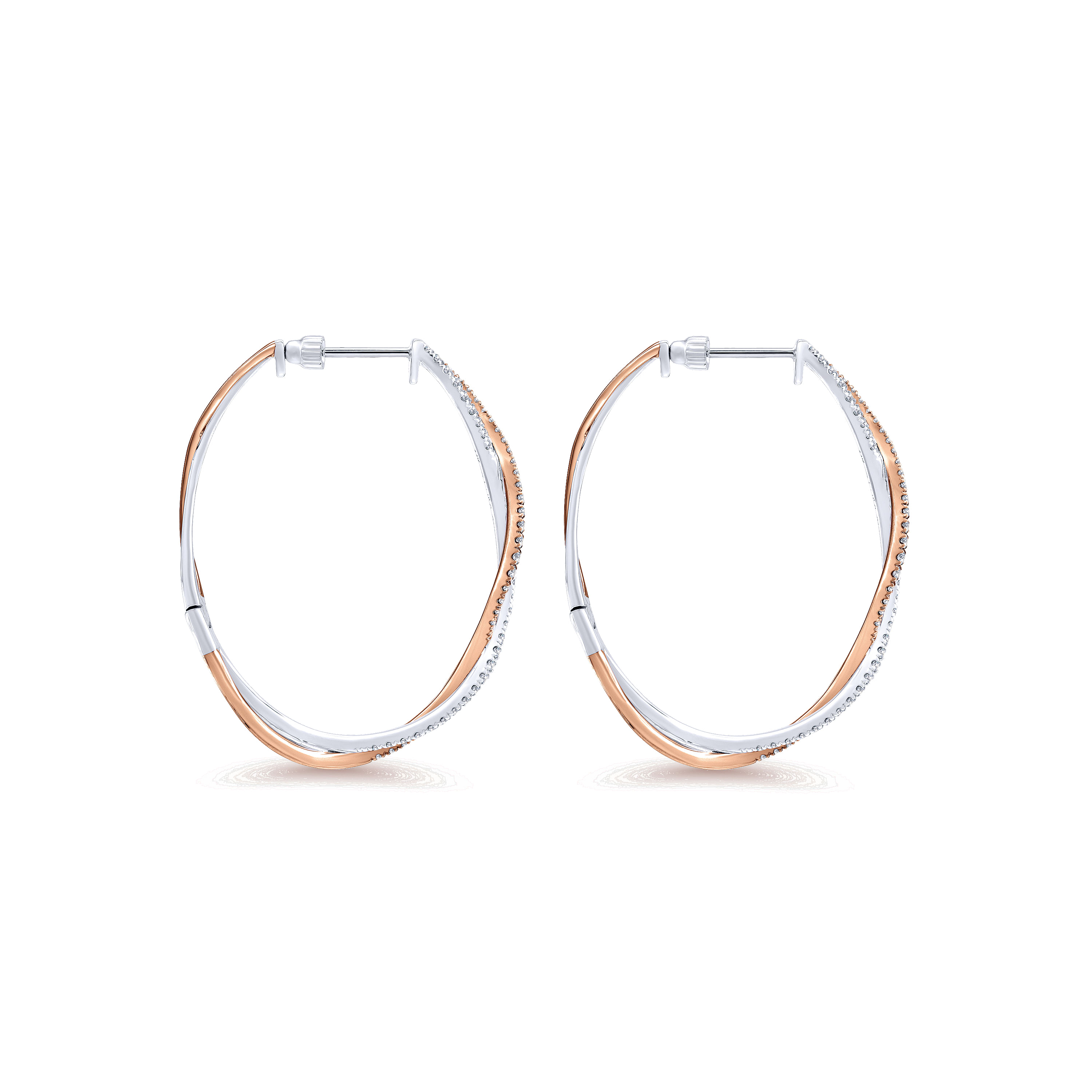 14K Rose-White Gold French Pavé 40mm Round Diamond Intricate Hoop Earrings