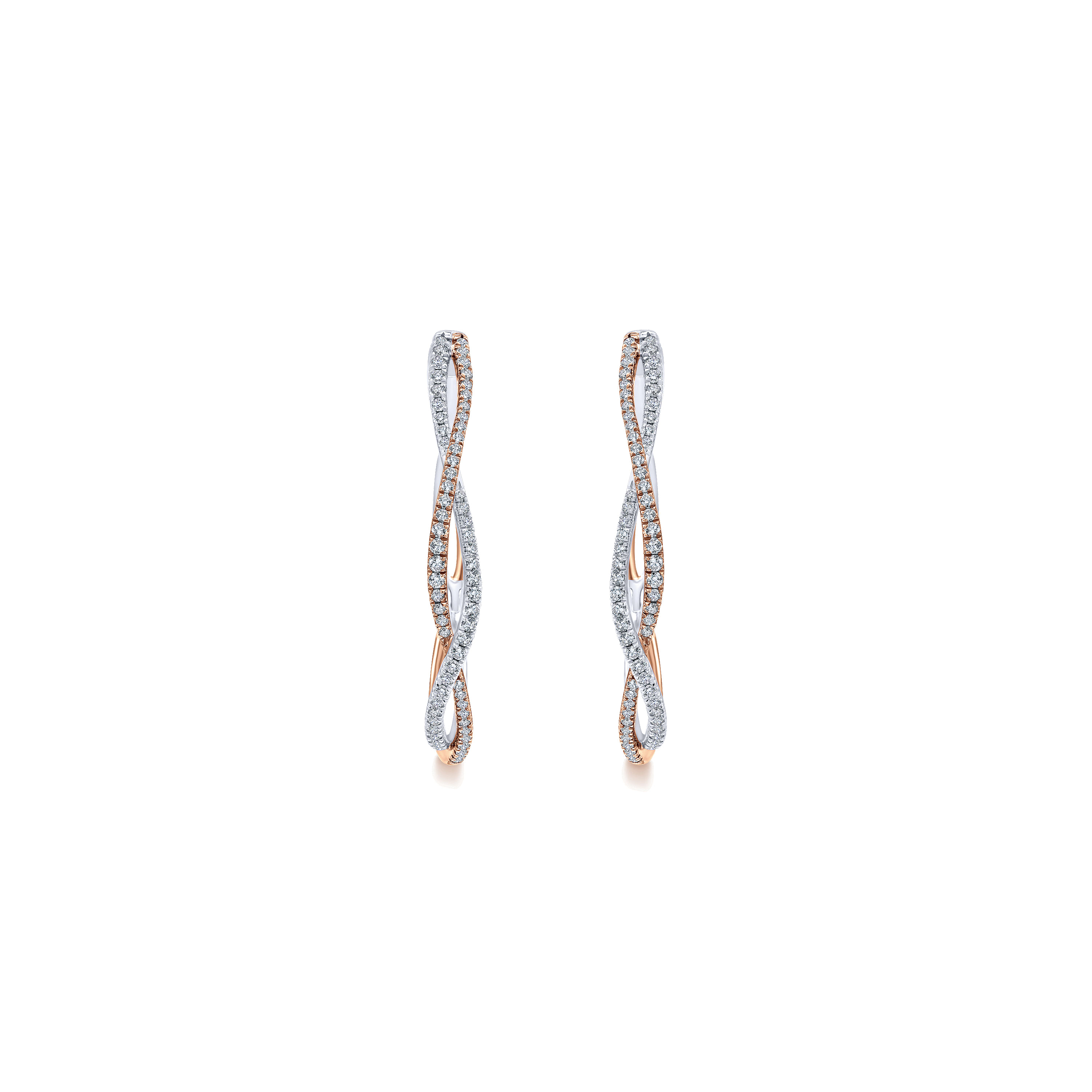 14K Rose-White Gold French Pavé 40mm Round Diamond Intricate Hoop Earrings