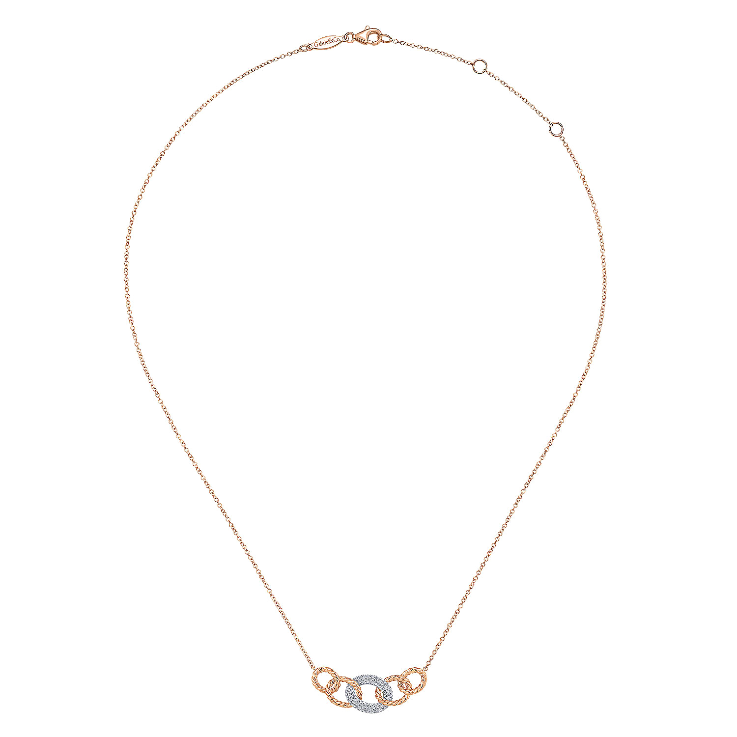 14K Rose-White Gold Twisted Rope Link Necklace with Pavé Diamond Link Station