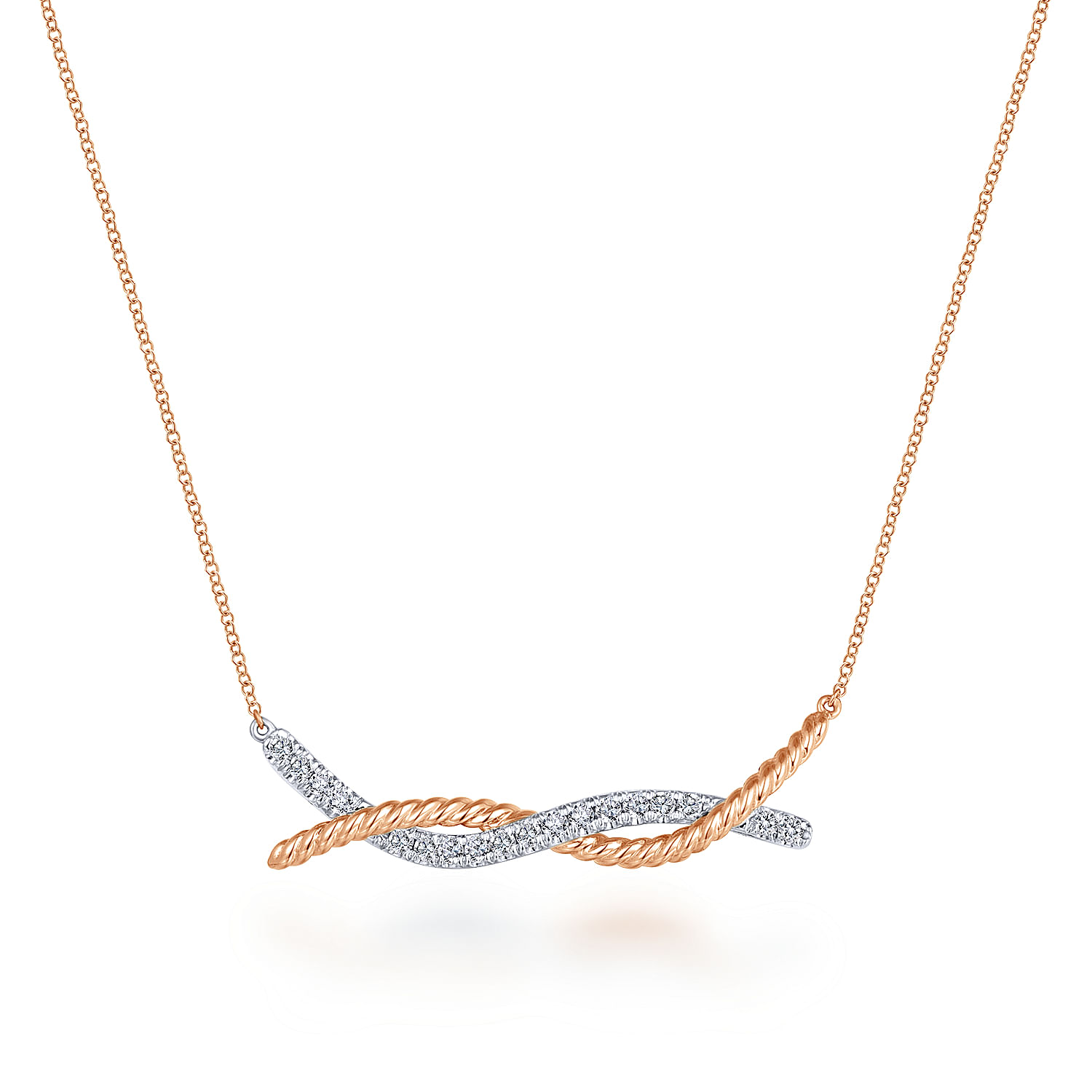 14K Rose-White Gold Twisted Rope and Pavé Diamond Bar Necklace