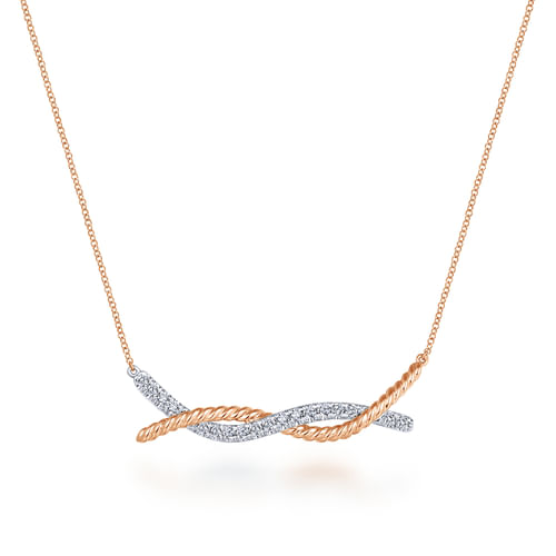 14K Rose-White Gold Twisted Rope and Pavé Diamond Bar Necklace