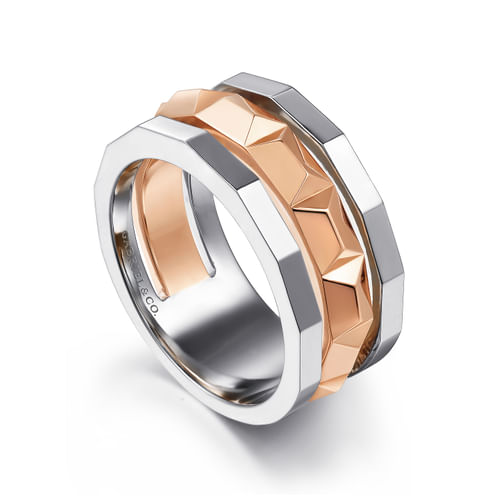 14K Rose-White Gold Wide Faceted Ring in High Polished Finish