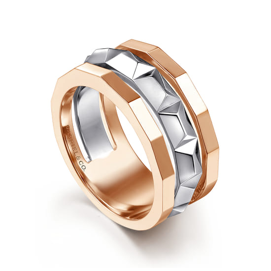 14K Rose-White Gold Wide Faceted Ring in High Polished Finish angle 3