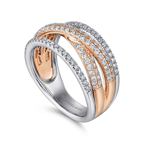 14K Rose and White Gold Criss Crossing Multi Row Diamond Ring