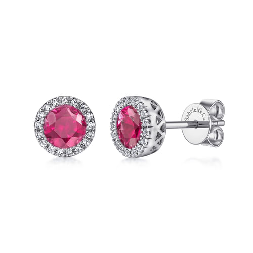 14K W.Gold Ruby&Dia Halo Stud Earrings
