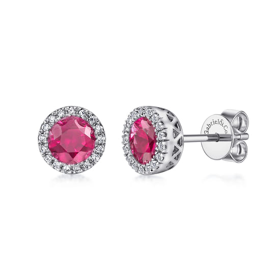 Gabriel - 14K W.Gold Ruby&Dia Halo Stud Earrings Gabriel - 14K W.Gold Ruby&Dia Halo Stud Earrings