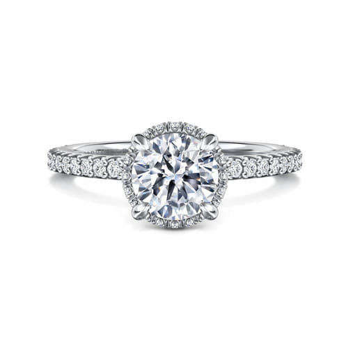 14K Whi+D48te Gold Round Hidden Halo Diamond Engagement Ring