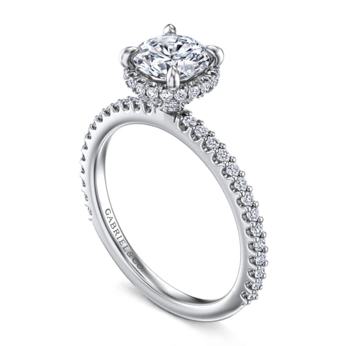 14K Whi+D48te Gold Round Hidden Halo Diamond Engagement Ring