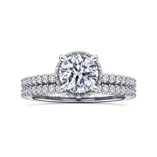 14K Whi+D48te Gold Round Hidden Halo Diamond Engagement Ring