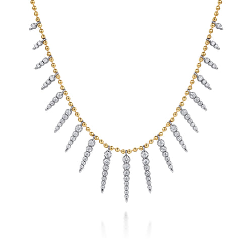 14K White & Yellow Gold Bead Chain Bujukan and Diamond Spike Droplet Necklace