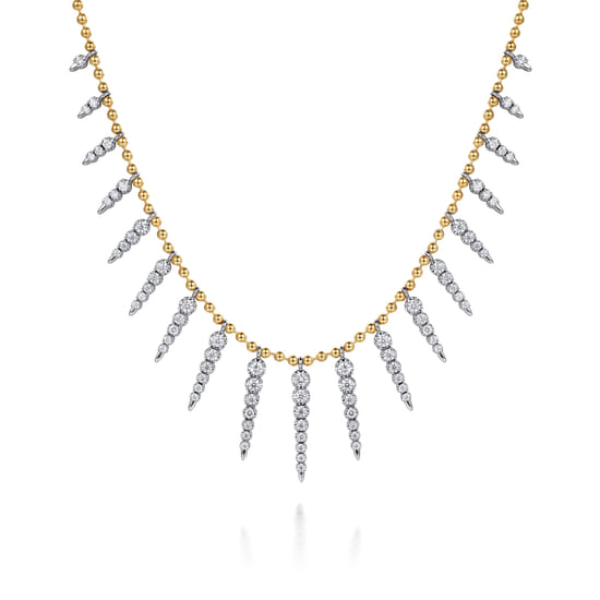 14K White & Yellow Gold Bead Chain Bujukan and Diamond Spike Droplet Necklace