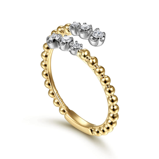 14K White & Yellow Gold Beaded Diamond Bypass Ring-Bujukan angle 3