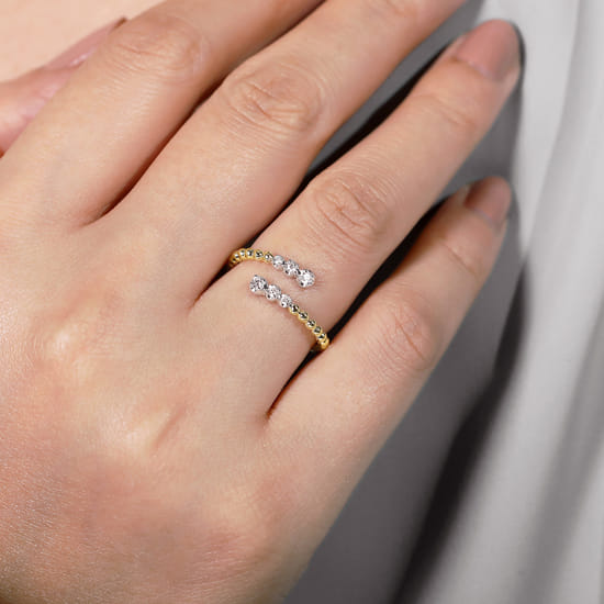 14K White & Yellow Gold Beaded Diamond Bypass Ring-Bujukan angle 5