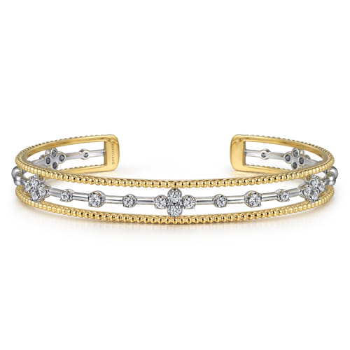 14K White & Yellow Gold Beaded Diamond Cuff Bangle Bracelet, 0.4ct-Bujukan 