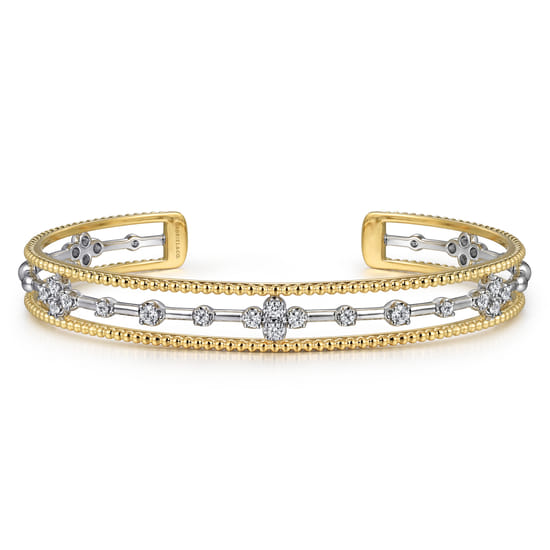 Gabriel - 14K White & Yellow Gold Beaded Diamond Cuff Bangle Bracelet, 0.4ct-Bujukan 