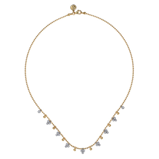 14K White & Yellow Gold Beaded Diamond Droplet Necklace-Bujukan angle 2