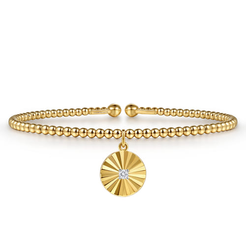 14K White & Yellow Gold Bujukan Beaded Diamond and Diamond Cut Charm Cuff Bangle Bracelet