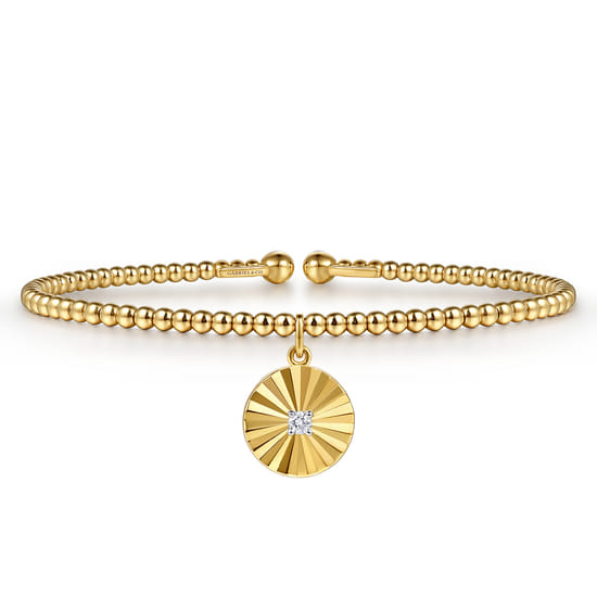 14K White & Yellow Gold Bujukan Beaded Diamond and Diamond Cut Charm Cuff Bangle Bracelet 14K White & Yellow Gold Bujukan Beaded Diamond and Diamond Cut Charm Cuff Bangle Bracelet