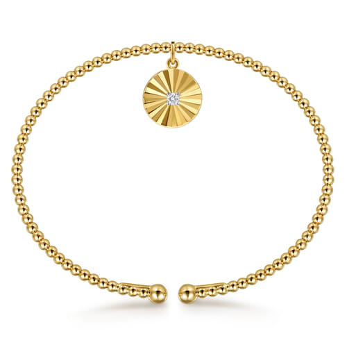 14K White & Yellow Gold Bujukan Beaded Diamond and Diamond Cut Charm Cuff Bangle Bracelet