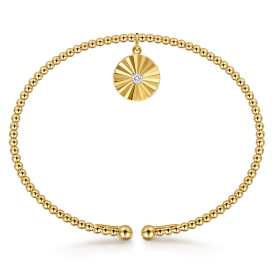 14K White & Yellow Gold Bujukan Beaded Diamond and Diamond Cut Charm Cuff Bangle Bracelet angle 3 14K White & Yellow Gold Bujukan Beaded Diamond and Diamond Cut Charm Cuff Bangle Bracelet angle 3