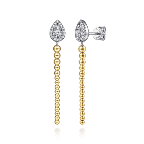 14K White & Yellow Gold Bujukan Beads and Diamond Teardrop Stud Drop Earrings
