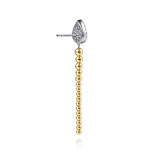 14K White & Yellow Gold Bujukan Beads and Diamond Teardrop Stud Drop Earrings