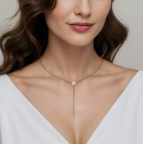 14K White & Yellow Gold Bujukan Beads and Diamond Y Necklace 14K White & Yellow Gold Bujukan Beads and Diamond Y Necklace