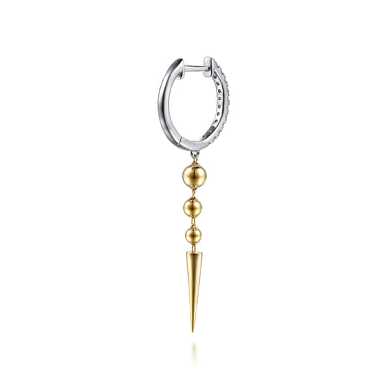 14K White & Yellow Gold Bujukan Bullet and Diamond Huggie Drop Earrings angle 2