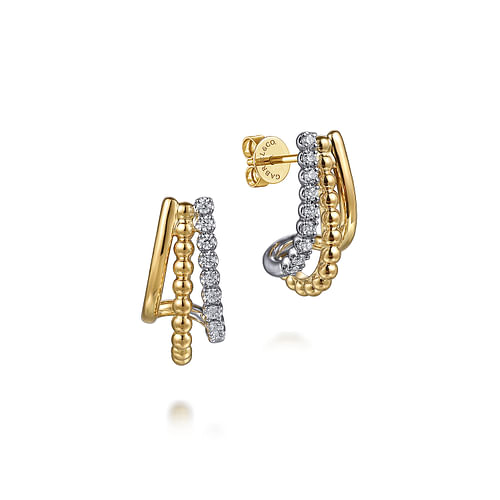 14K White & Yellow Gold Bujukan Diamond 3 Row J Hoop Stud Earrings