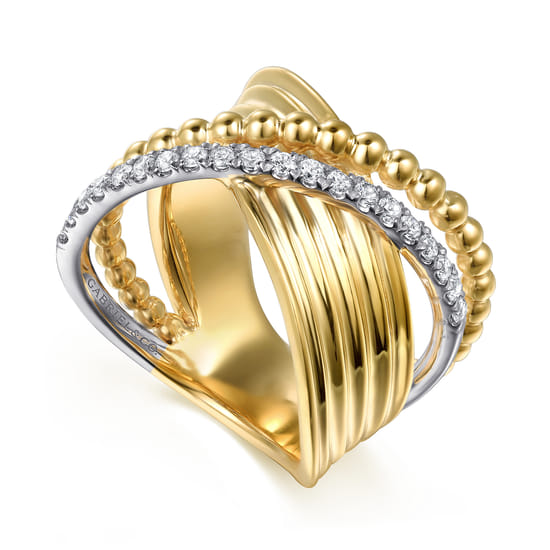 14K White & Yellow Gold Bujukan Diamond Criss Cross Ring angle 3
