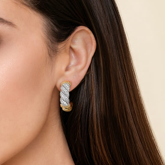14K White & Yellow Gold Bujukan Diamond J Hoop Stud Earrings angle 3