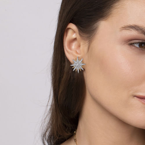 14K White & Yellow Gold Bujukan Diamond Starburst Stud Earrings