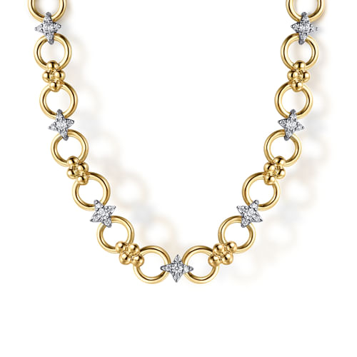 14K White & Yellow Gold Bujukan Diamond and Hollow Link Chain Necklace
