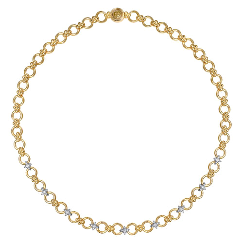 14K White & Yellow Gold Bujukan Diamond and Hollow Link Chain Necklace