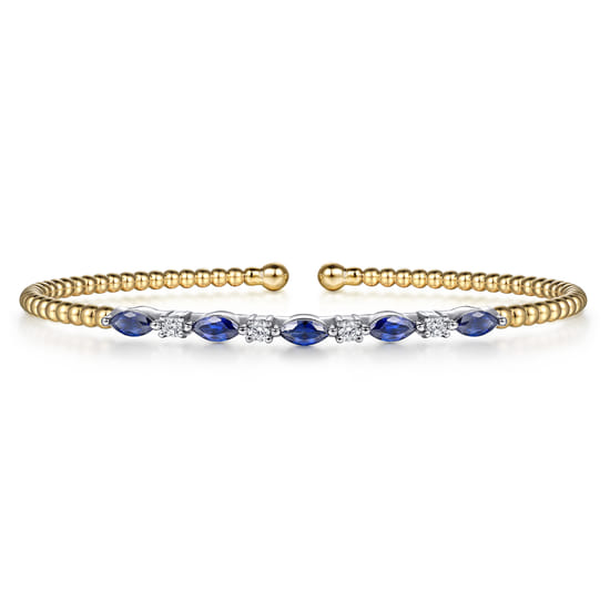 Gabriel - 14K White & Yellow Gold Bujukan Diamond and Marquise Blue Sapphire Split Bangle Bracelet